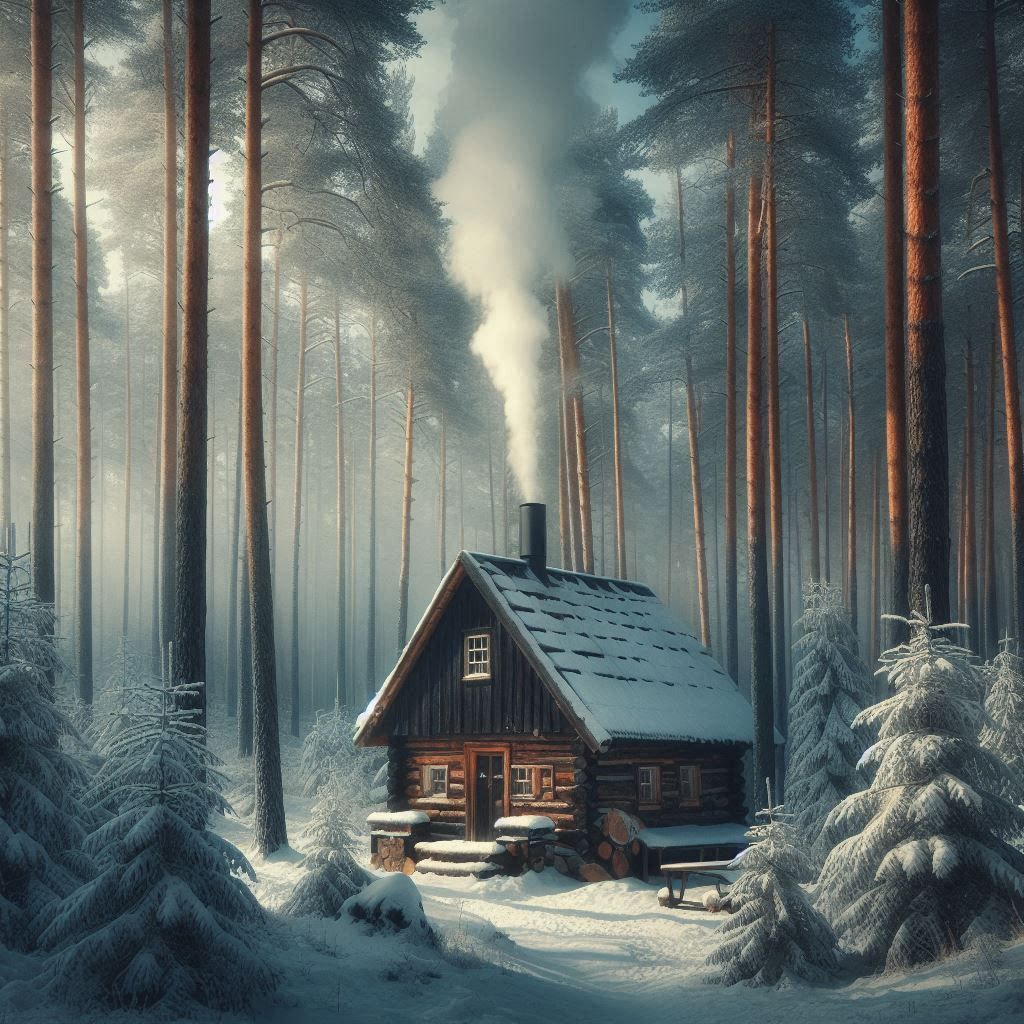 Forest hut in winter