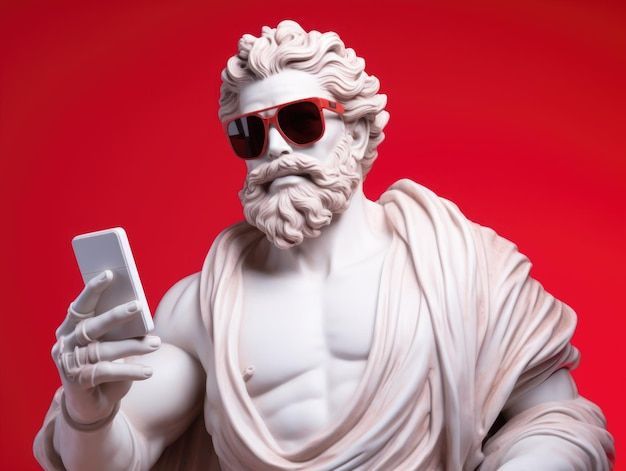 Estatua del busto blanco del dios griego con gafas de sol sosteniendo un fondo rojo de teléfono inteligente _ Foto Premium