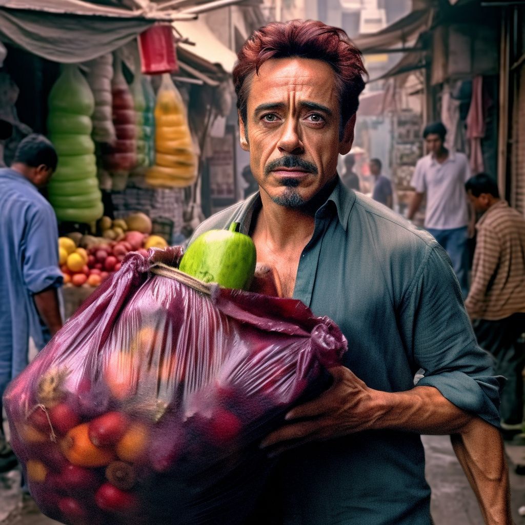 Create a photograph of man popular Hollywood actor Robert downey jr from Avengers in streets of Mumbai poor slums in India moving in fruit market