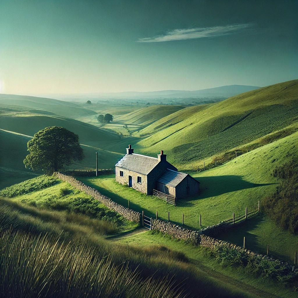 A peaceful countryside with green hills and a small stone cottage