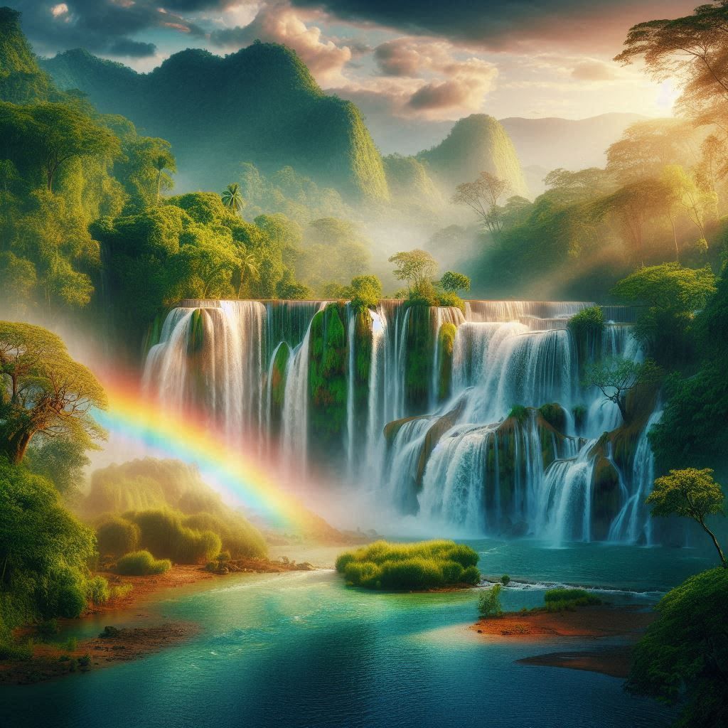 Flowing waterfalls on a rainbow day