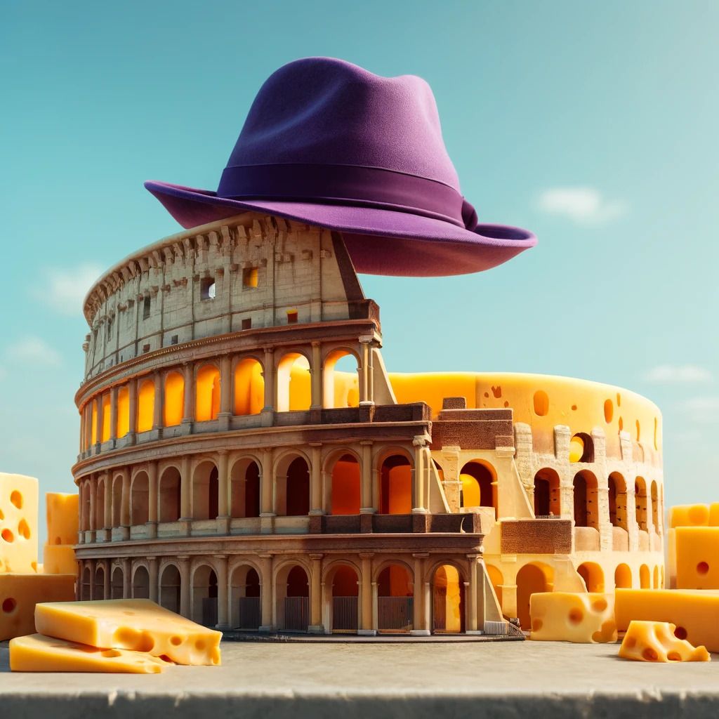 The Cheesy Colosseum under a $DEGEN hat