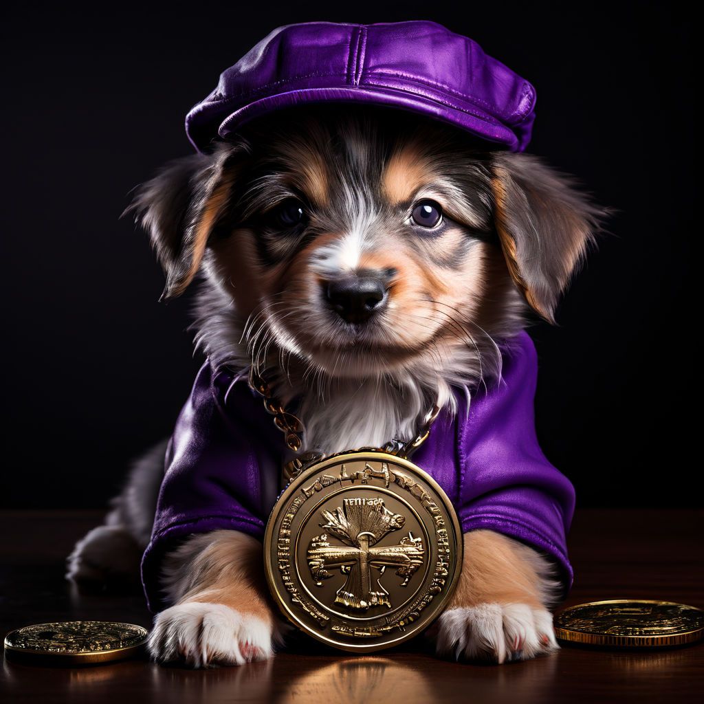 a puppy with a purple hat