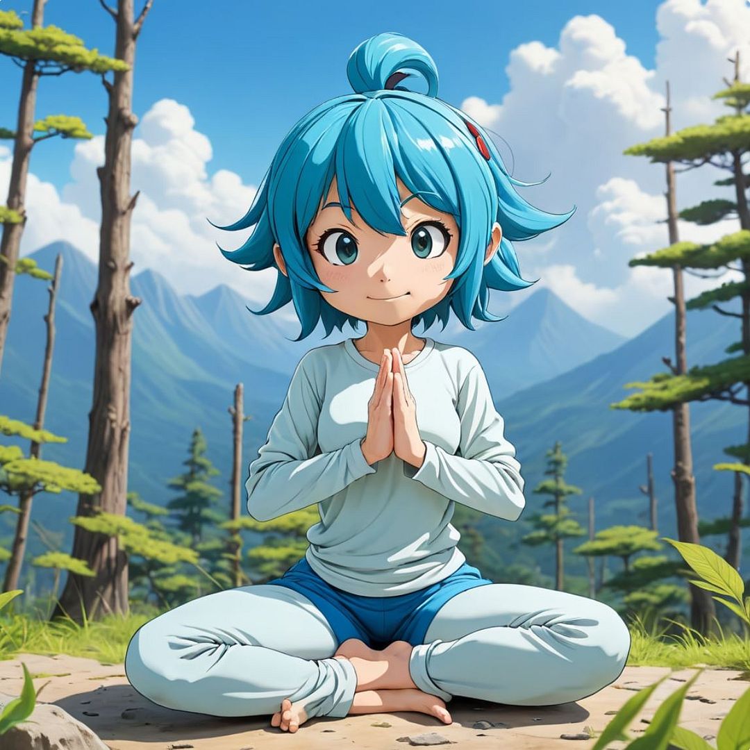 blue hair girl doing yoga