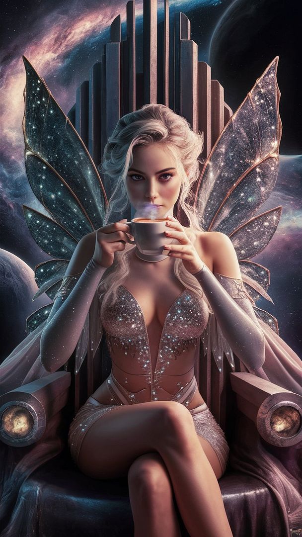 a beautiful sultry space fairy enjoying hot coffee, photo, portrait photography