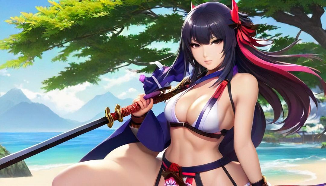 Hard katana on bikini beach