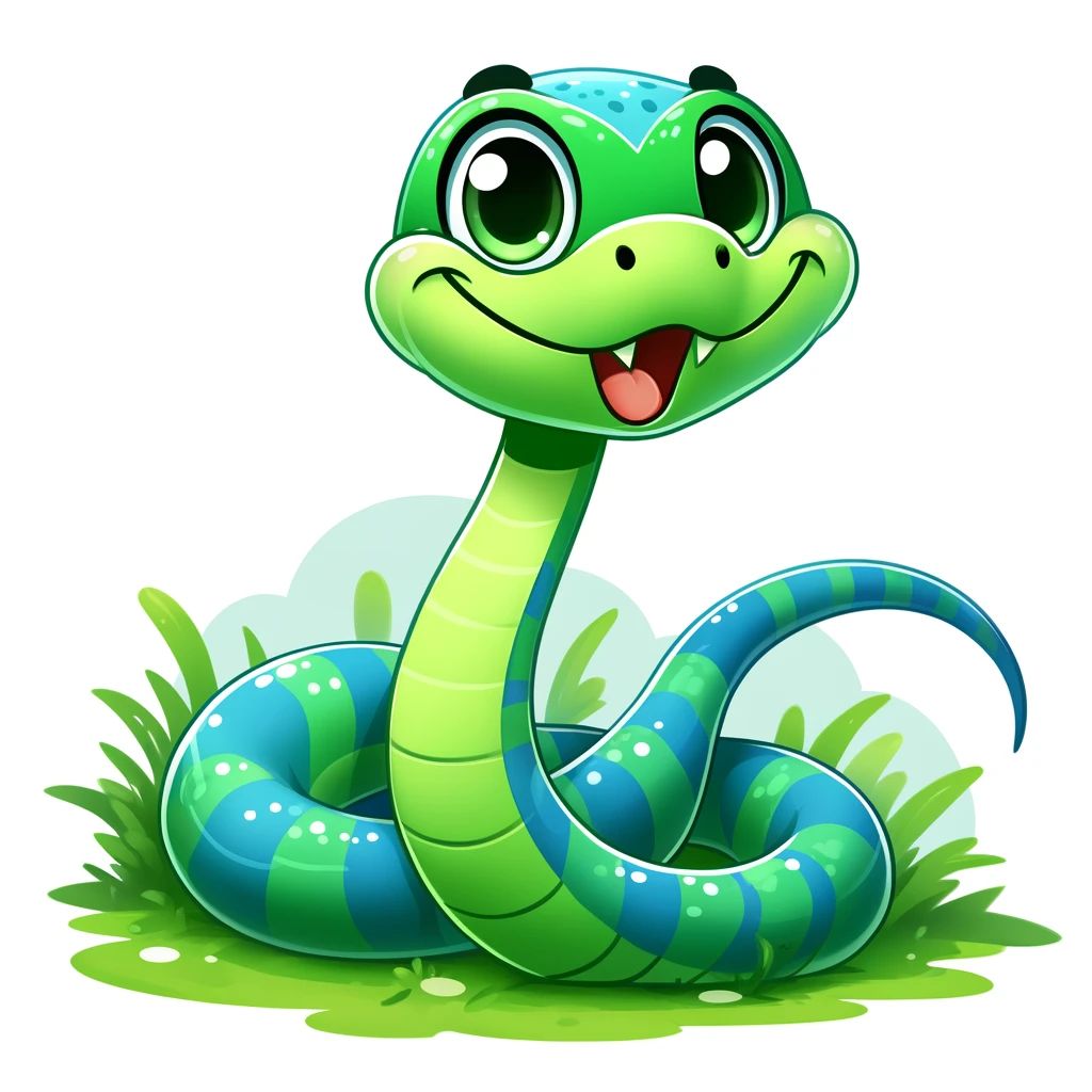 DALL·E 2024-04-16 15.46.37 - Create a whimsical snake character, designed to be friendly and approachable. This snake has a wide, cheerful smile and big, expressive eyes, conveyin