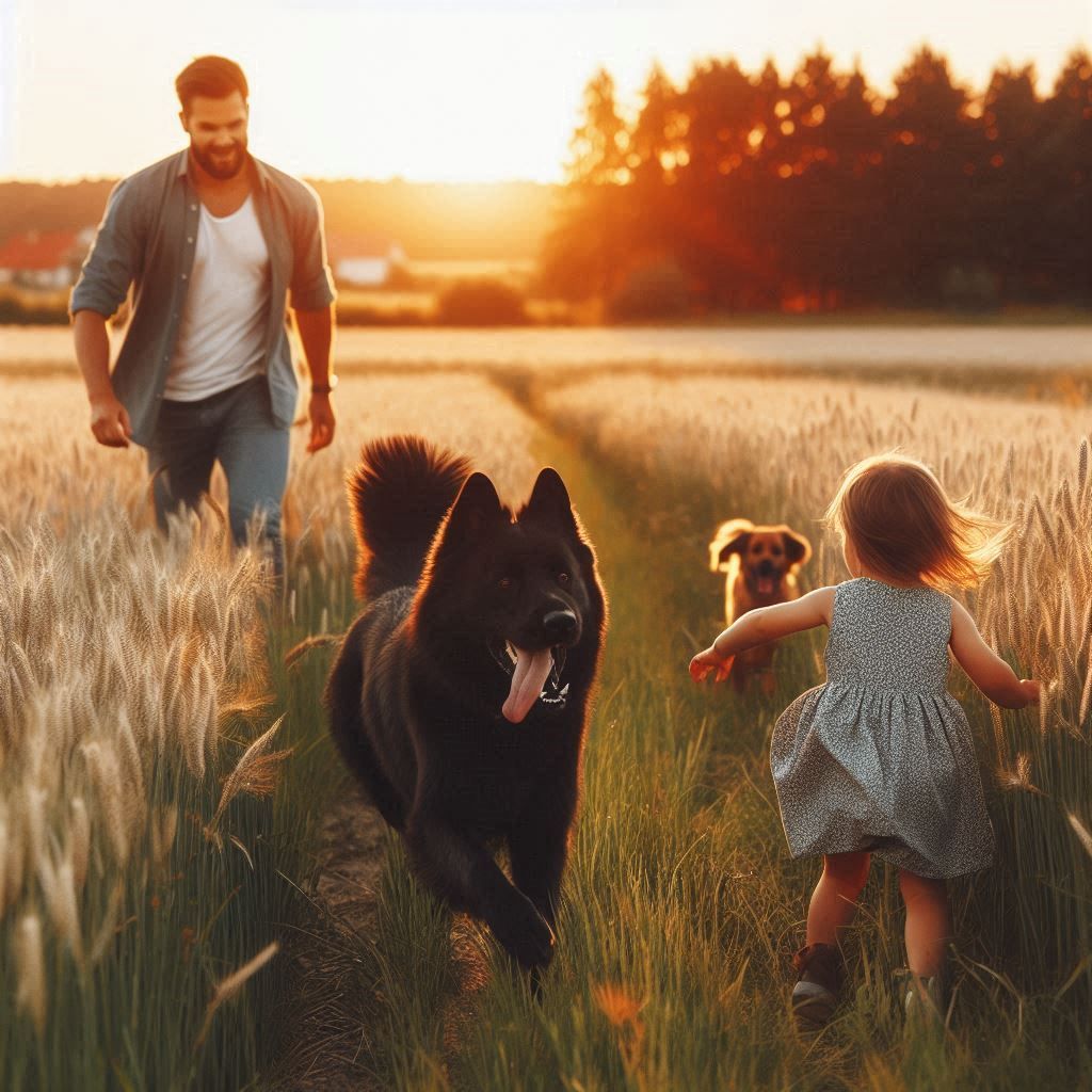 the black simba dog running in the field ang playng with the little girl and dad watching them from far