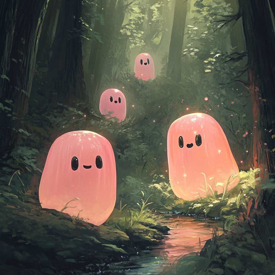 cute pink jelly bean ghosts in a forest