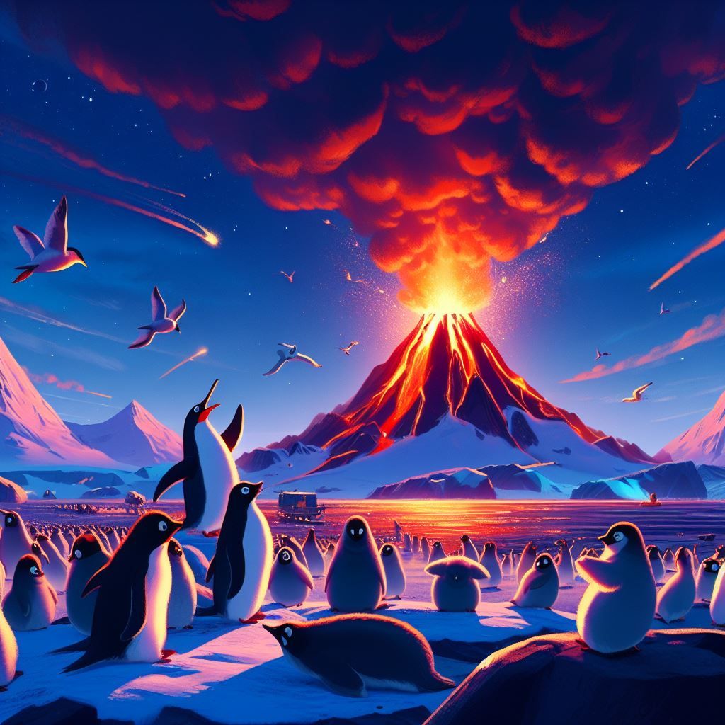 Penguins Watching Volcano Erupts