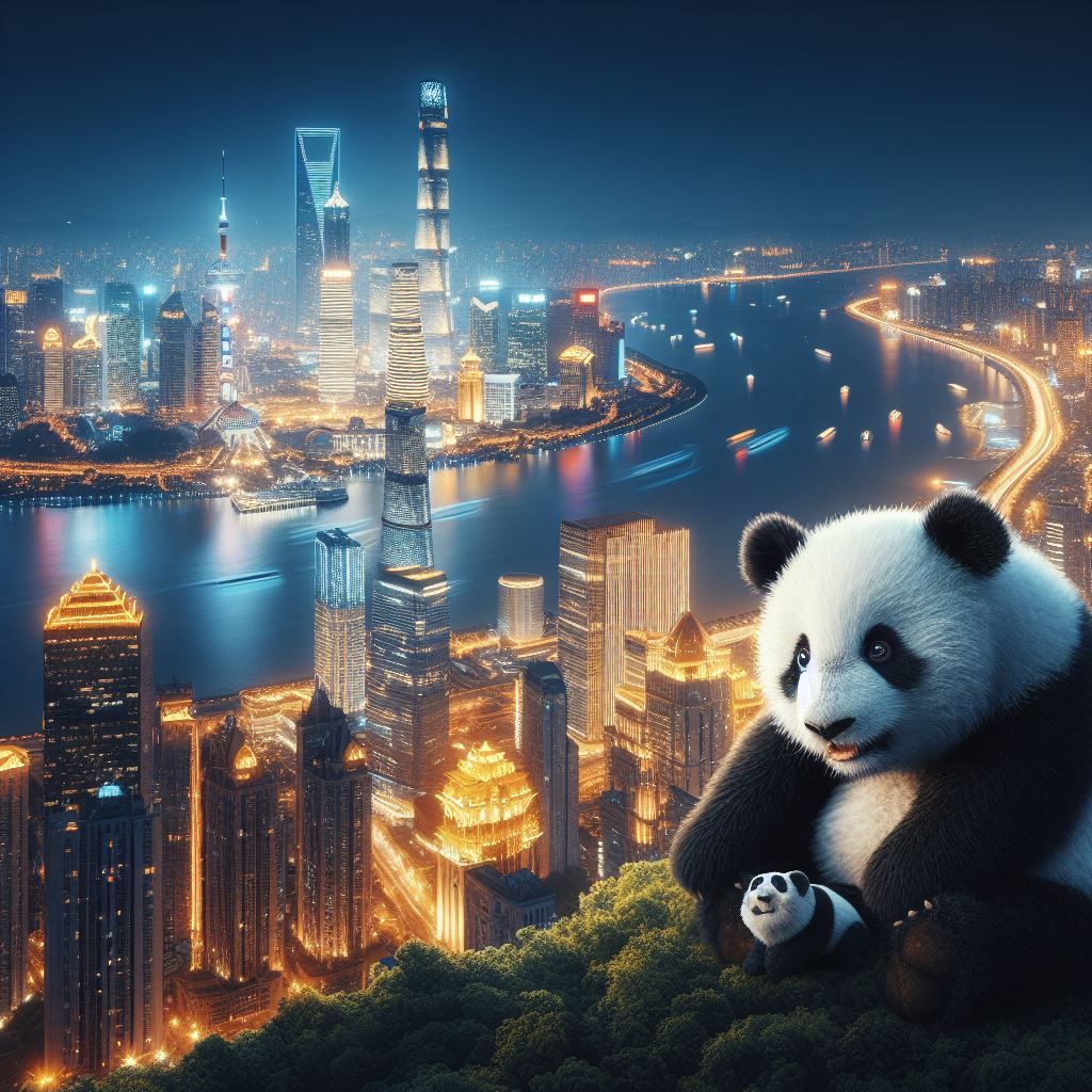 Baby Panda looking at the city's night view