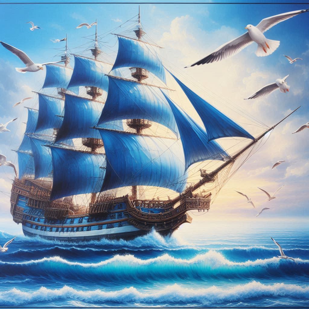 Blue sailboat and seagulls