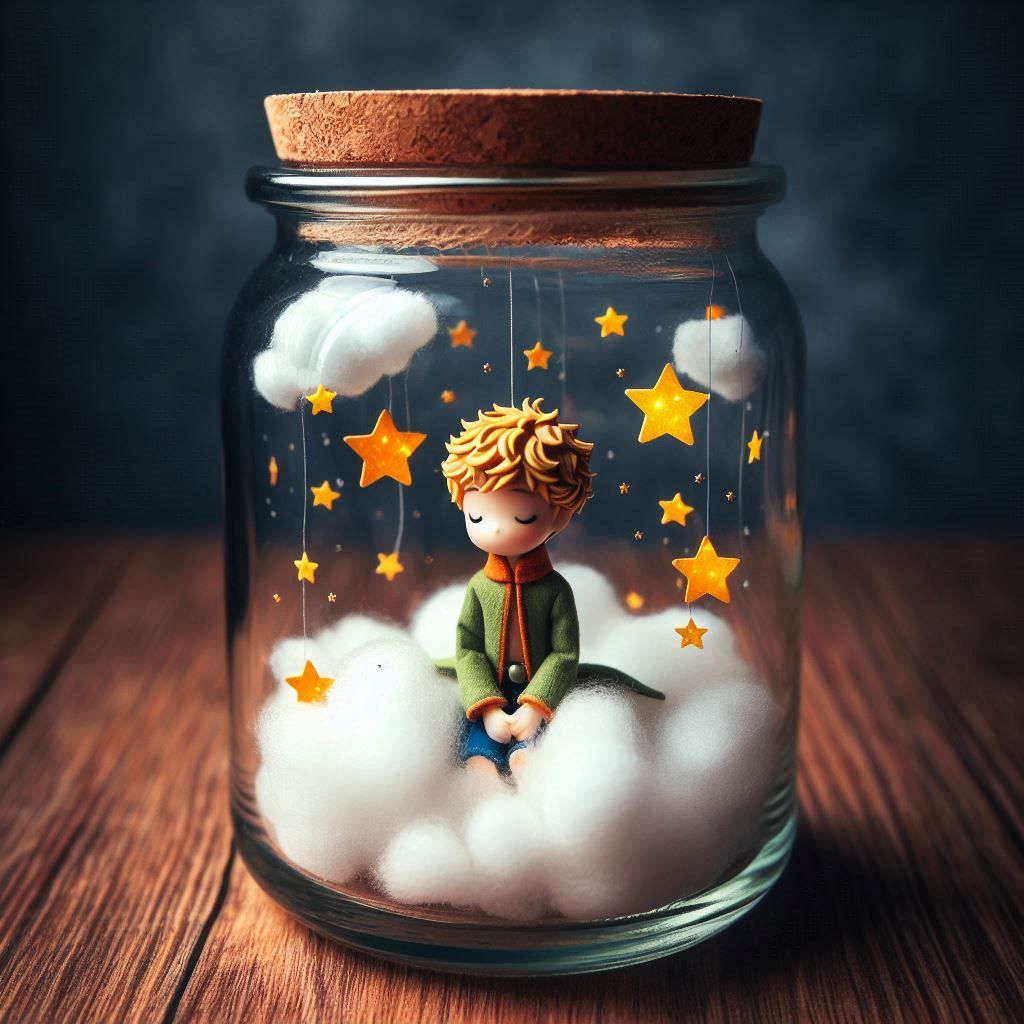 The little prince in a glass among clouds and stars