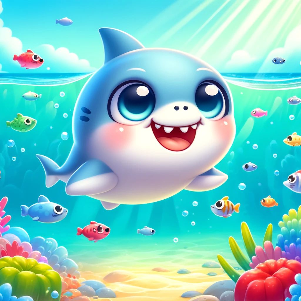 DALL·E 2024-04-08 16.54.49 - Create an adorable and colorful baby shark character, swimming happily in a vibrant underwater scene. The baby shark has big, friendly eyes, a wide sm