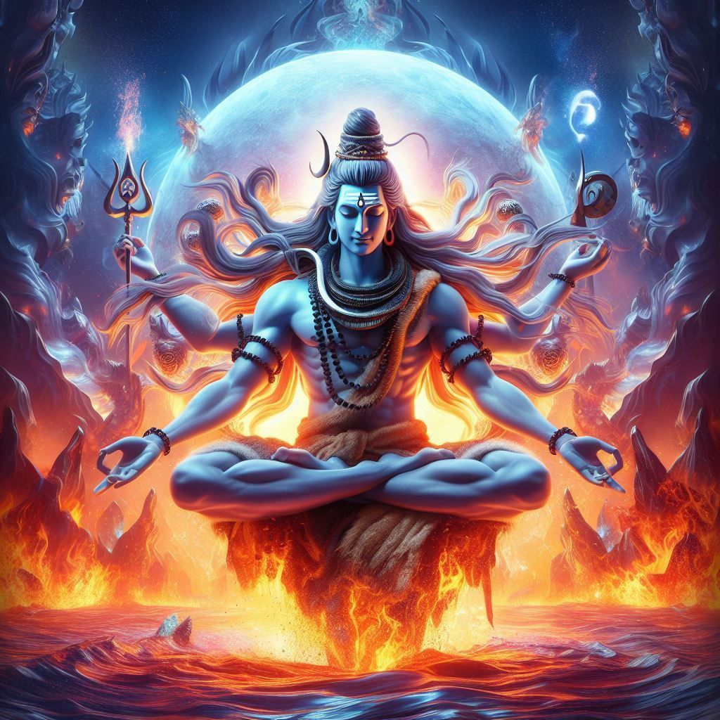 The Destroyer Shiva In Lit Mode Fire and World as a Background