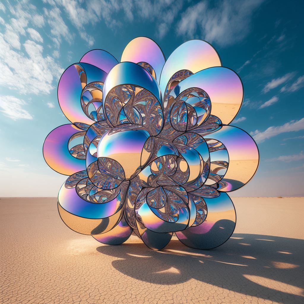 A rainbow-colored mirror sculpture emitting light in the middle of the desert 1