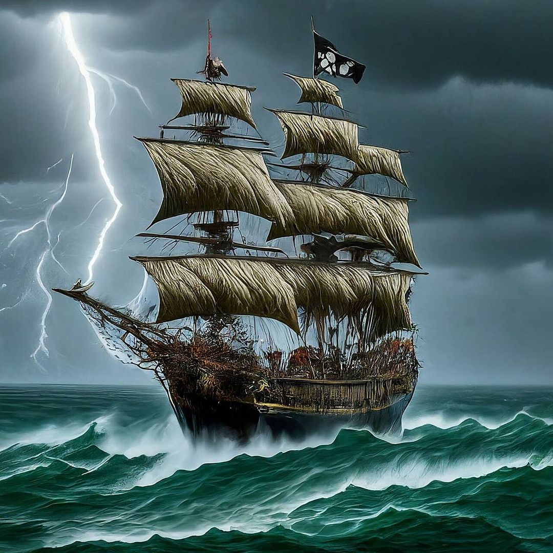 A pirate ship sailing on the sea during a heavy rainstorm, with lightning in the background.