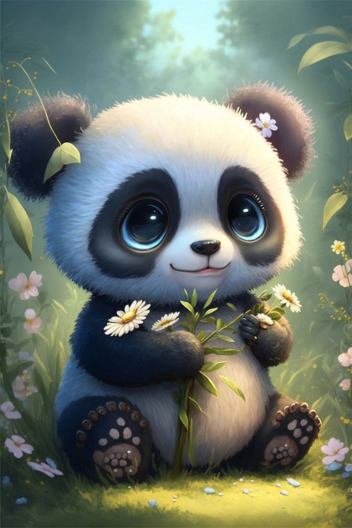 Baby Panda Playing in the Flower Garden