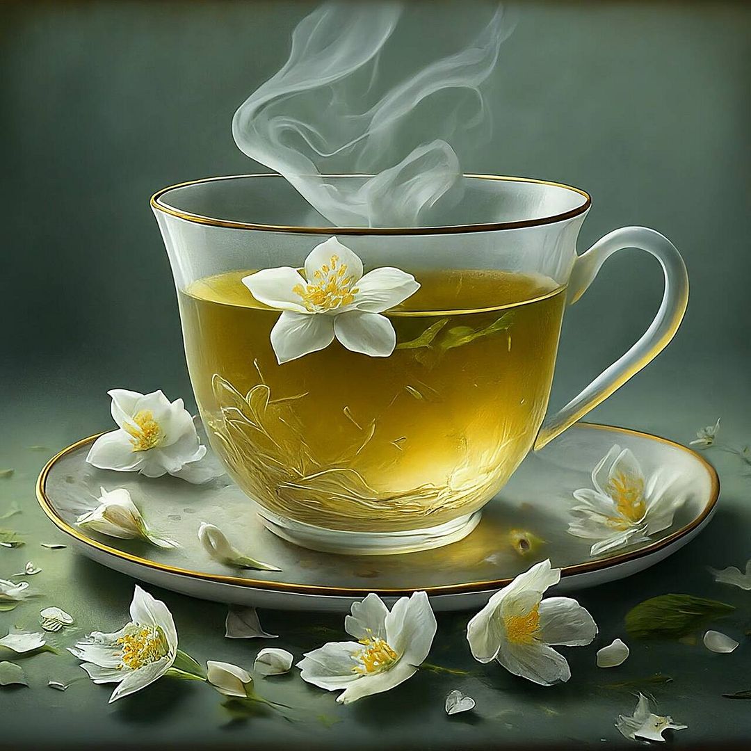 84 A cup of jasmine tea, steaming and fragrant, with delicate jasmine flowers floating on the surface. The background is a soft, muted green, and the overall mood is peaceful and relaxing.