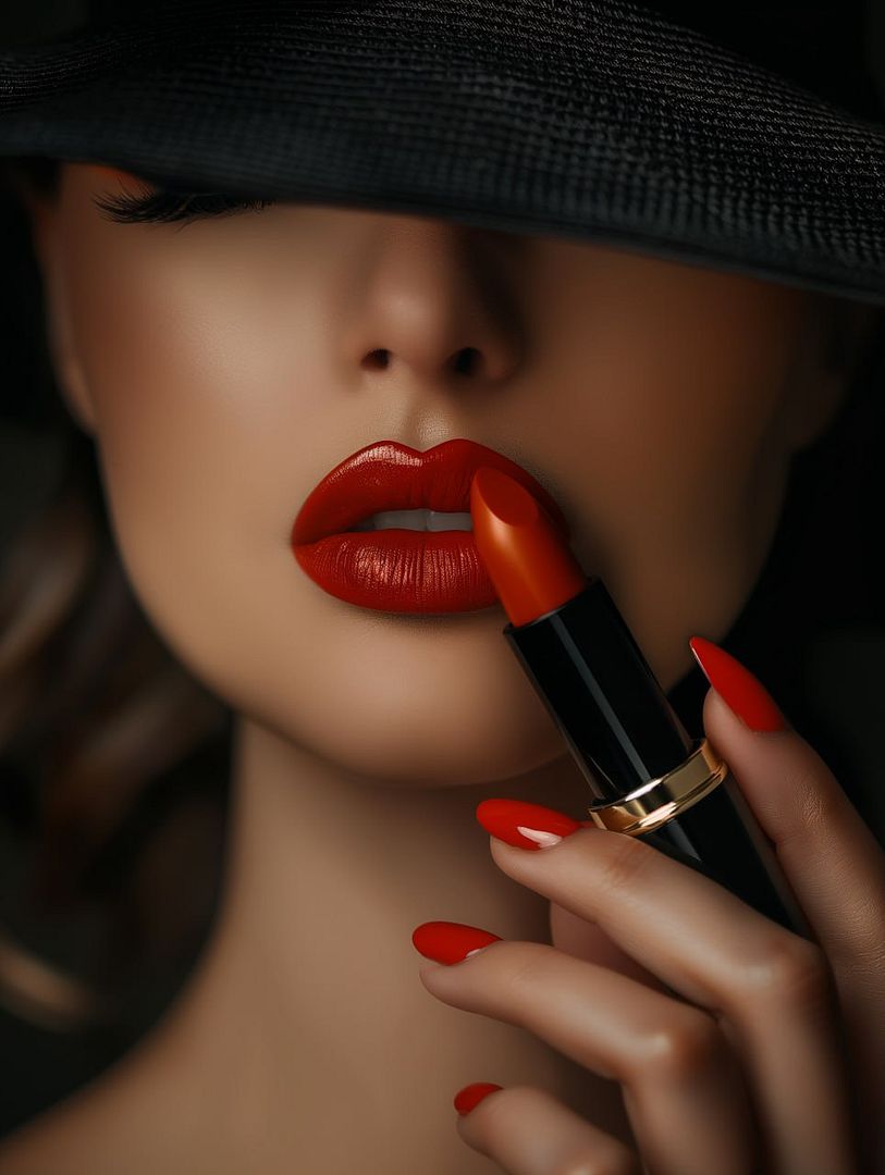 A hand with red nail polish holds a red lipstick close to the lips