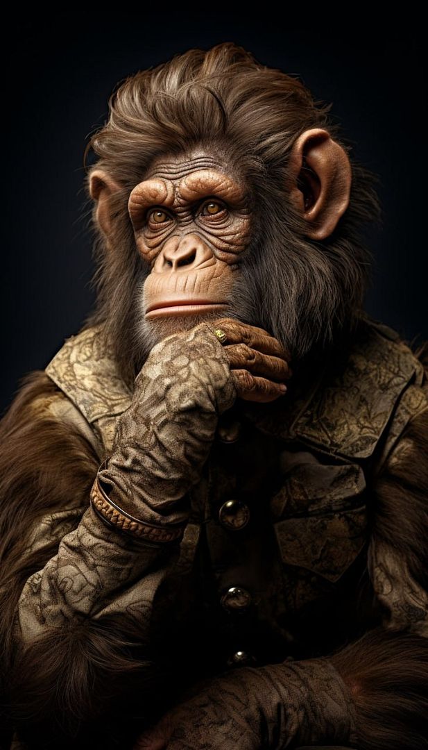 An agile ape, with graceful posture and intelligent eyes, seems to be thinking about something, parallax photography, rococo style, 32K, high resolution