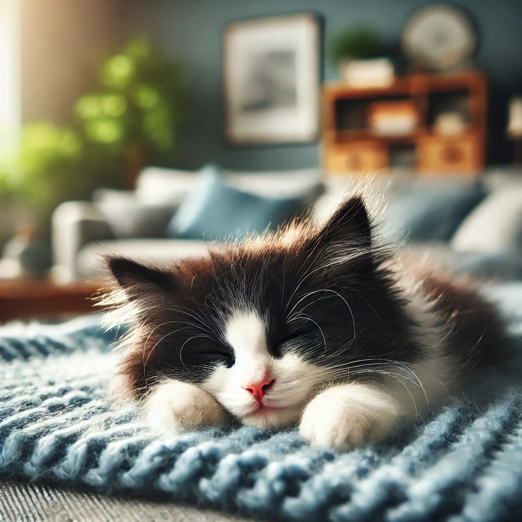 A Fluffy Kitten's Rest on a Soft Blue Blanket