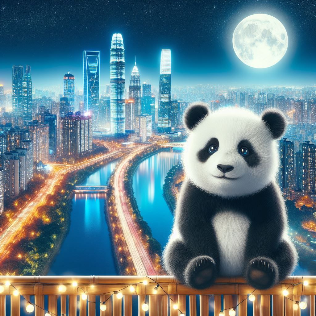 Baby Panda to Watch the Night View of the City