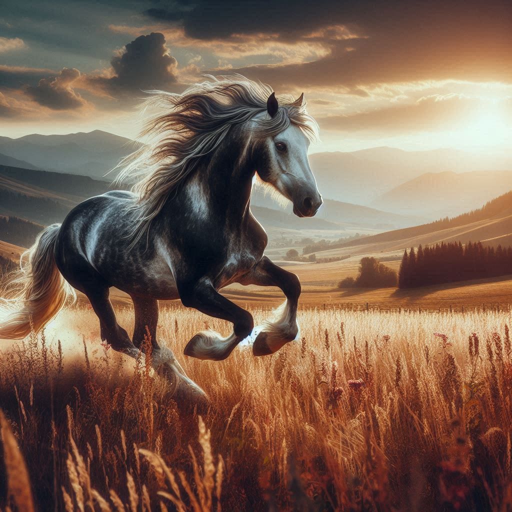 dynamic scene of a horse galloping through an open field