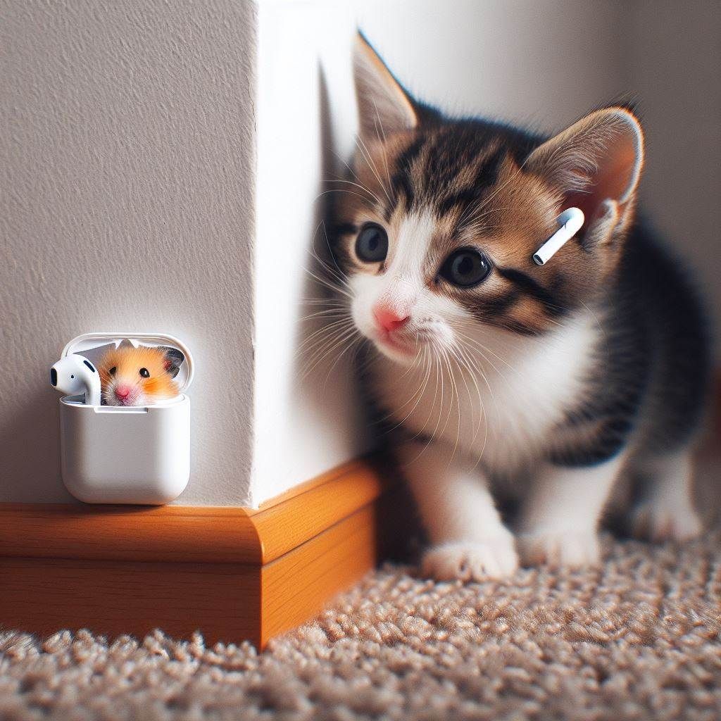 Hide and Seek between a Hamster with AirPods and a Cat