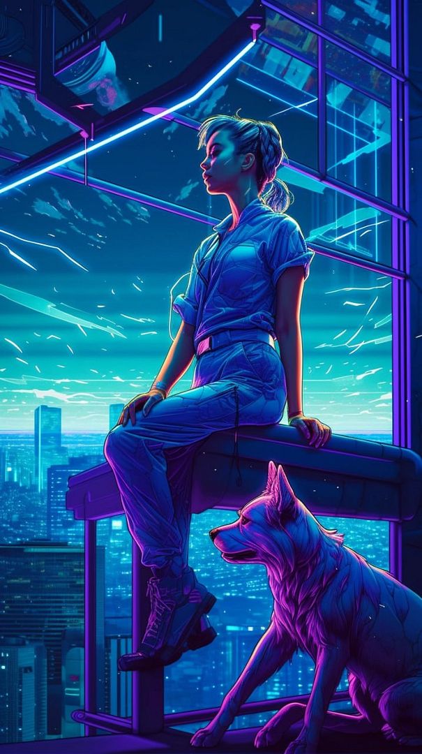 990’s surreal DVD anime movie, full body shot of a 80s arcade woman with a dog, cyberpunk 2077, The sky is dark and stars in the sky, in the style of Neon Genesis Evangelion, UHD, highly detailed, every shot has the same color grade, 300 dpi, clean lines, 3d, unreal engine 5.2, anime.