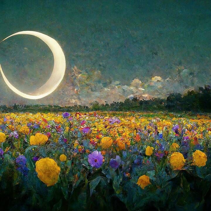 A crescent moon shining in the night sky over a field of flowers.