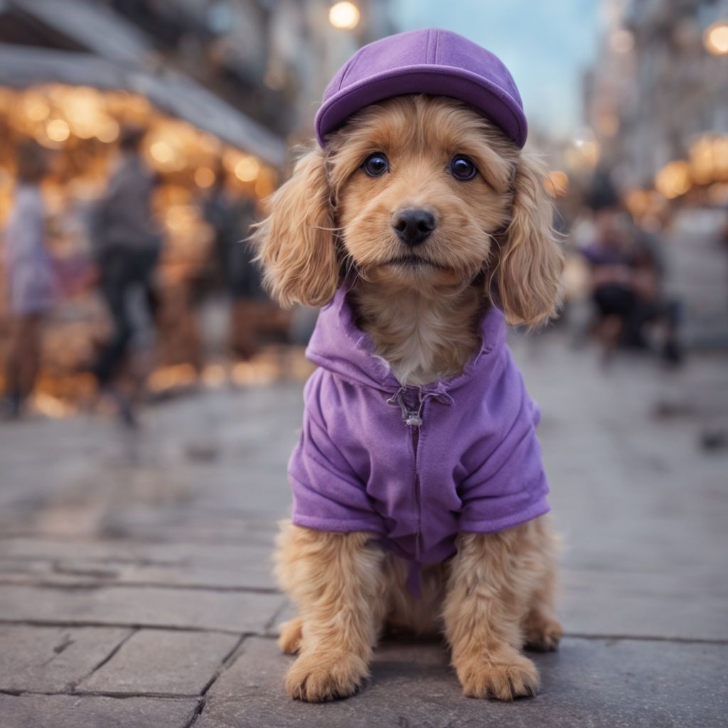 a cute puppy wearing purple hat