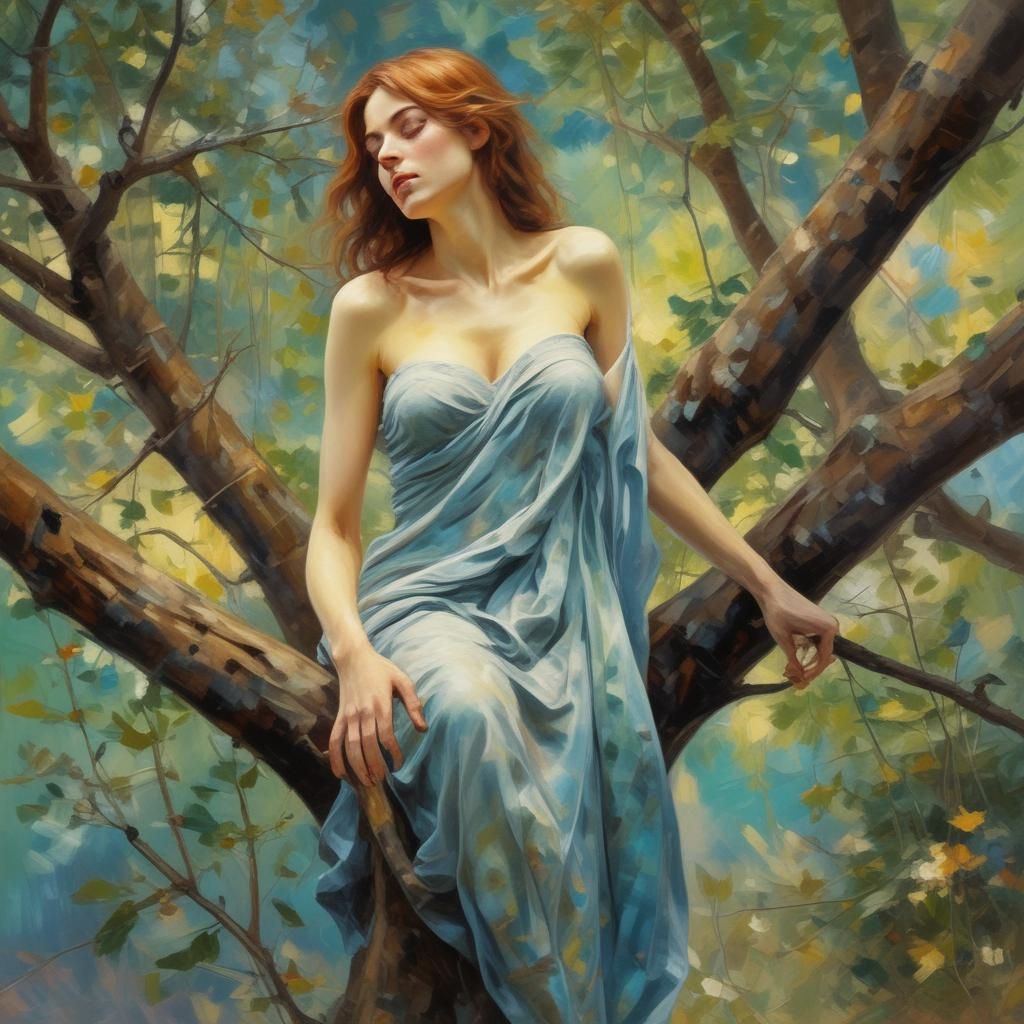 redhead in blue in forest