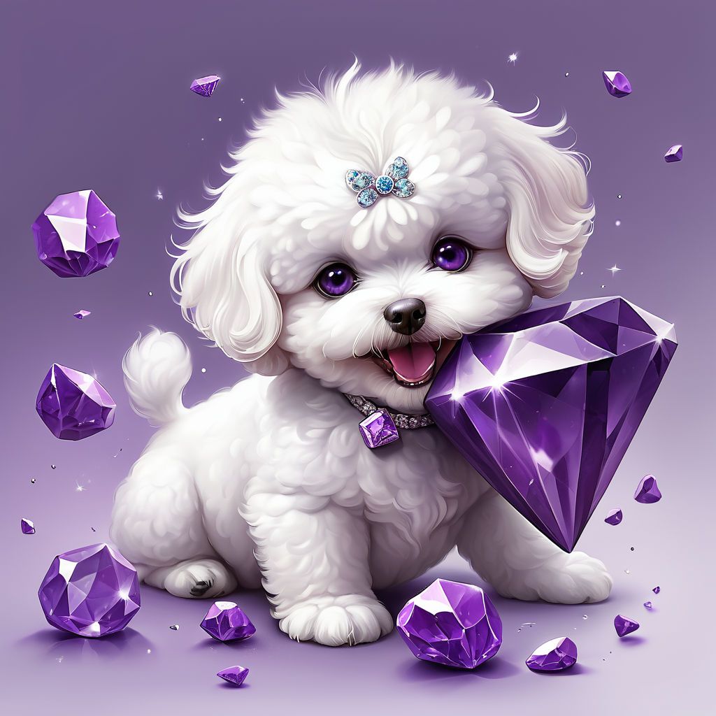 Baby Bichon biting a purple diamond