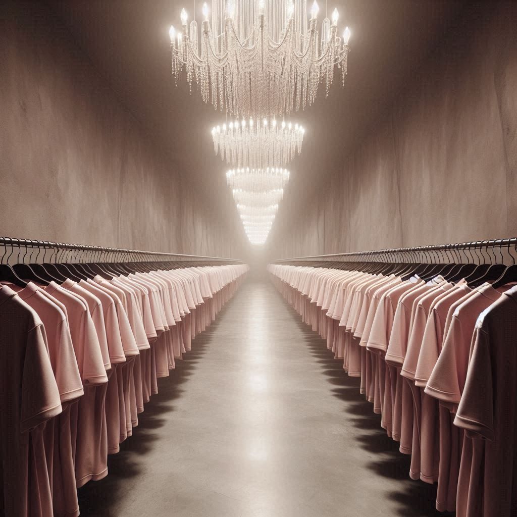 A hallway full of pink dress shirts