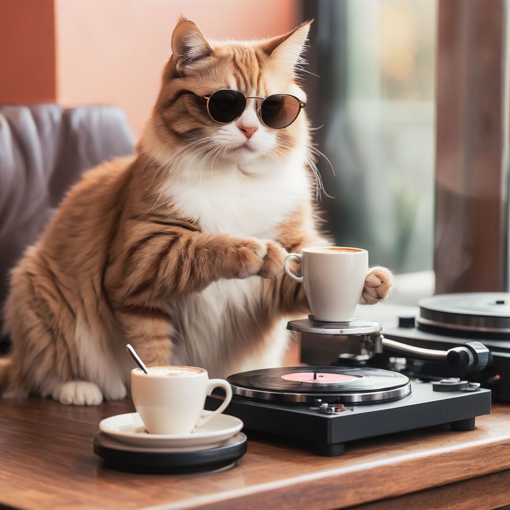 Cat Enjoys Turntable and Coffee