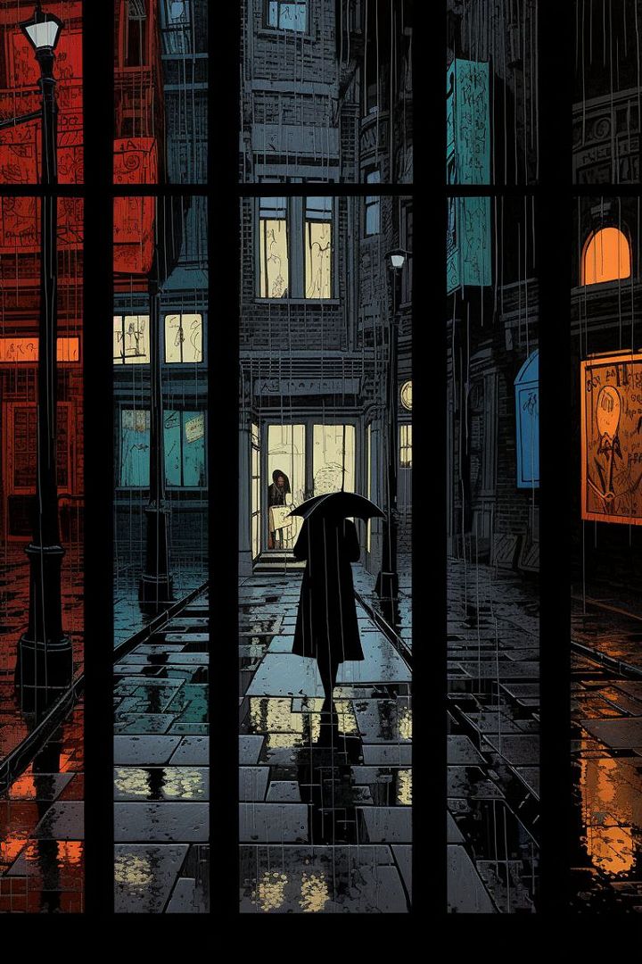 Airtight Gotham Street, young woman walking alone, six panel comic book panels, by Annie Soudain, Ralph Steadman, colorized black background.