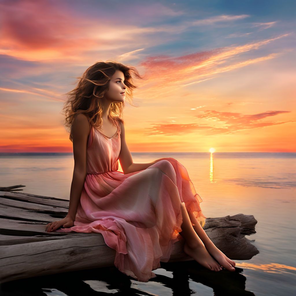 cute-girl-in-pastel-toned-sundress-sitting-on-a-weathered-driftwood-pier-overlooking-a-tranquil-sea