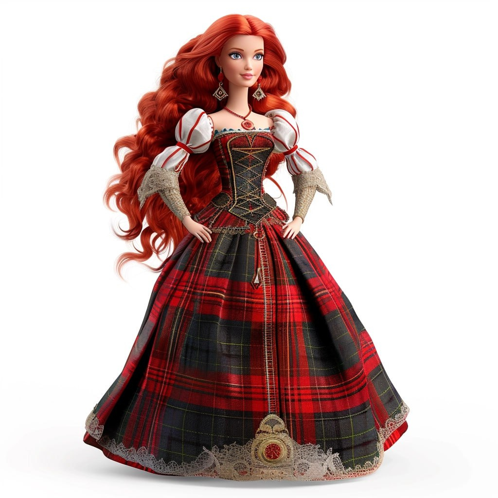 Barbie doll as scottish princess, red hair, full body, high quality, high detailed