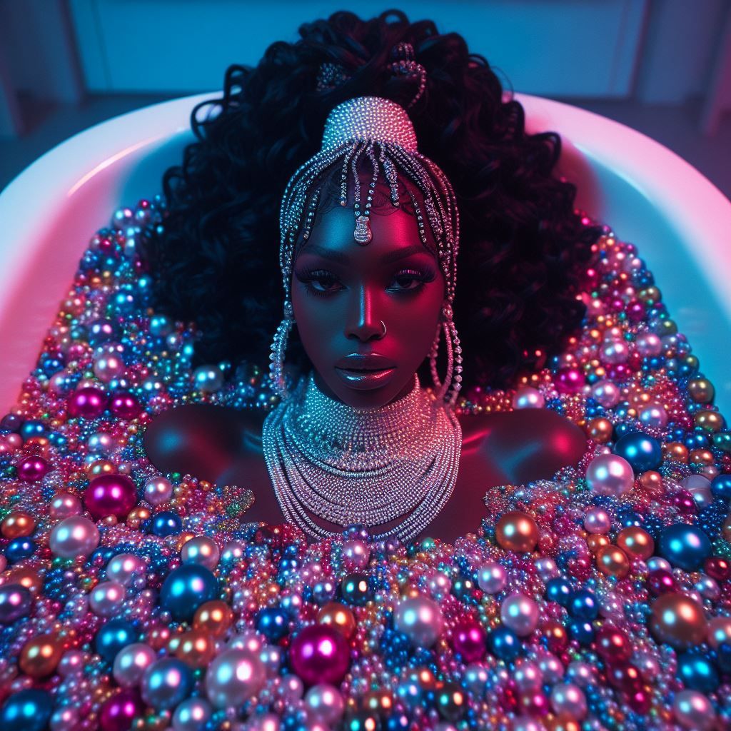 A female black rapper buried in a bathtub full of colorful pearls 2