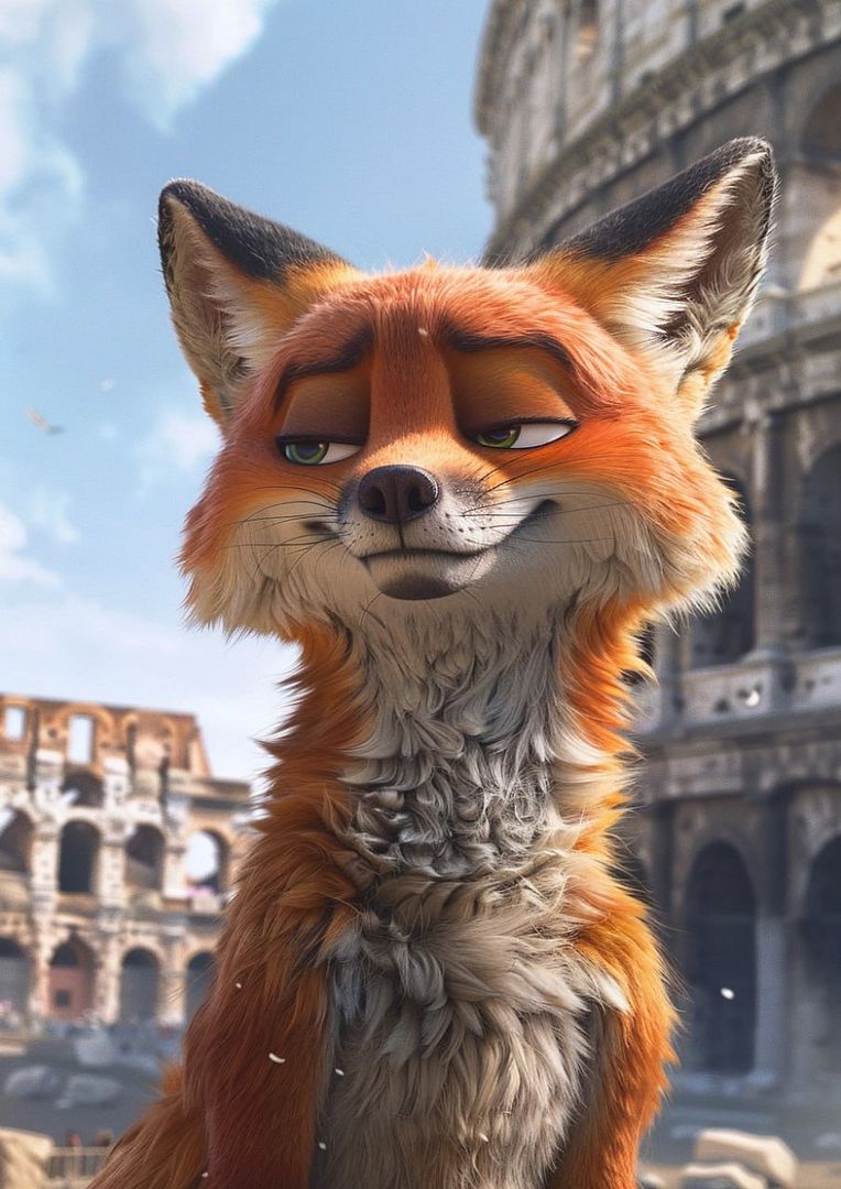 cute fox, Moscow in the background Tim Burton, Pixar