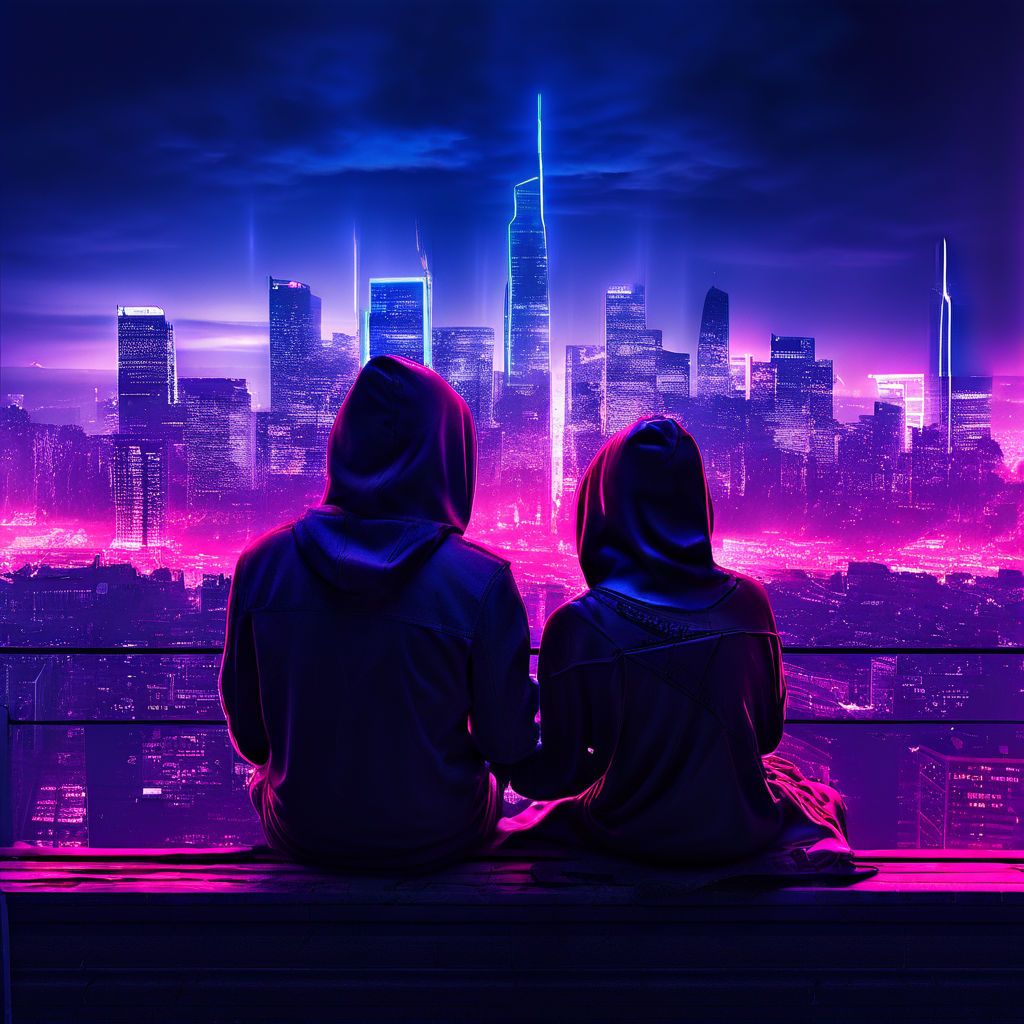 neon-lit-city-with-man-and-woman-in-hoodie-sitting-on-rooftop