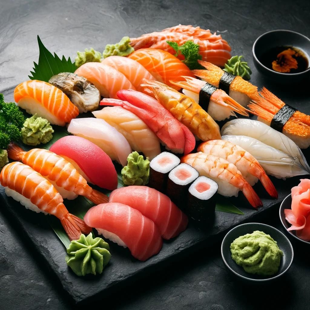 A_variety_of_sushi_and_sashimi_neatly_arranged_on_