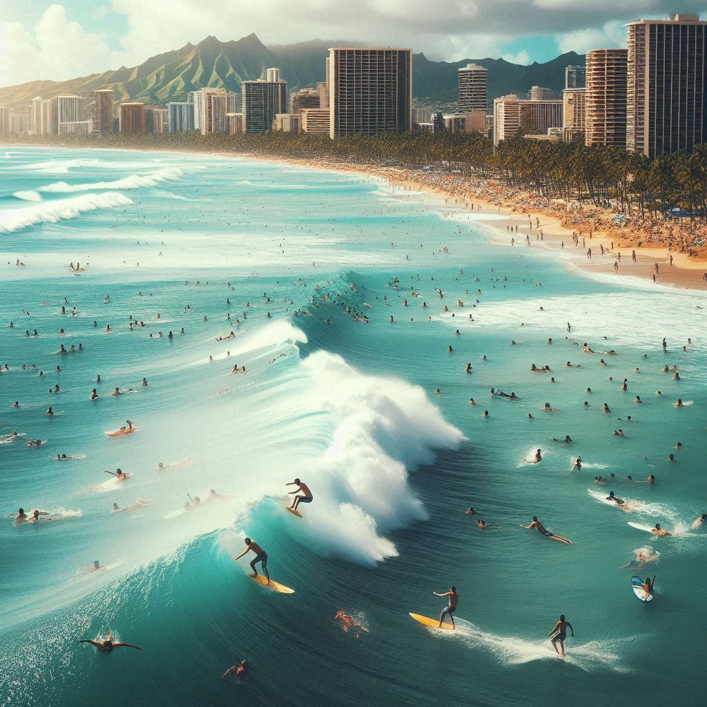 Surfers in Waikiki Beach