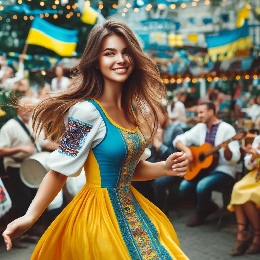 A_young_Ukrainian_woman_in_a_yellow_and_blue_dress