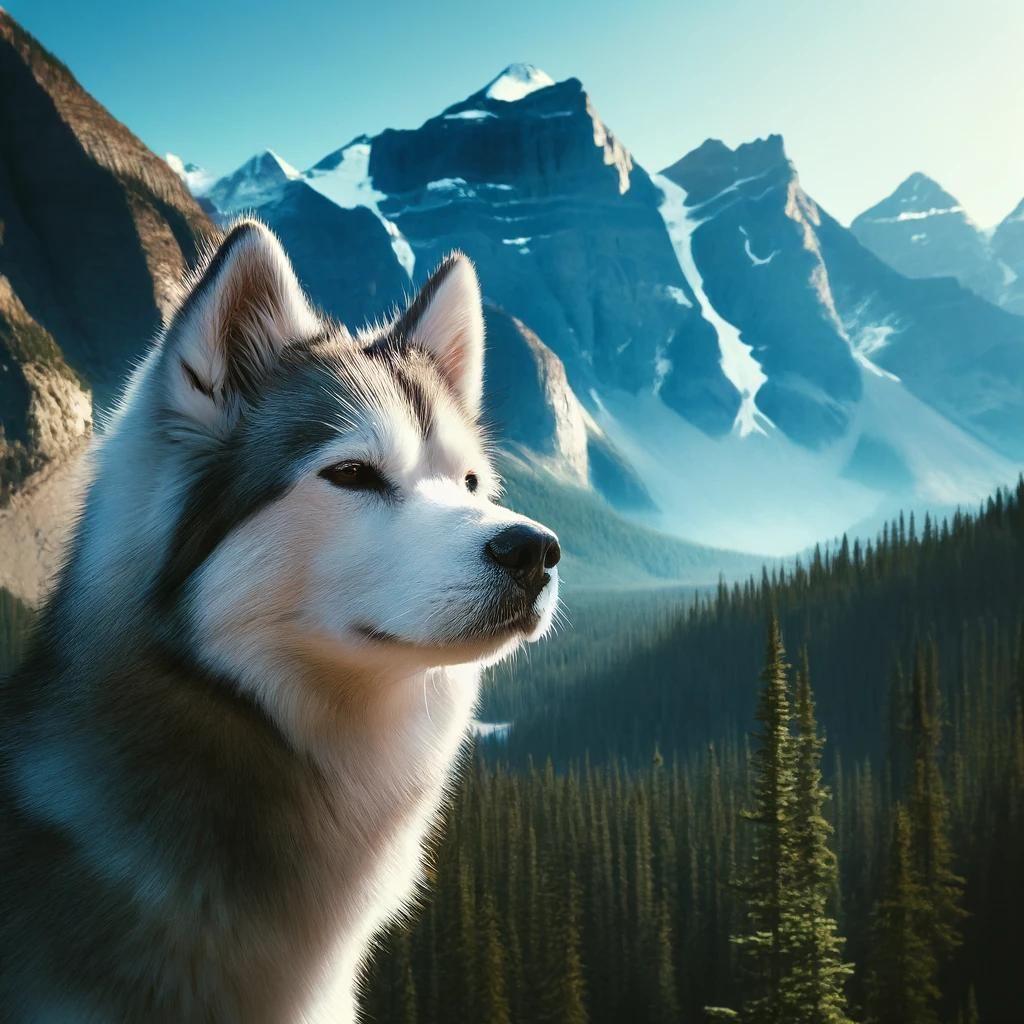 A_majestic_mountain_landscape_with_a_husky_standin