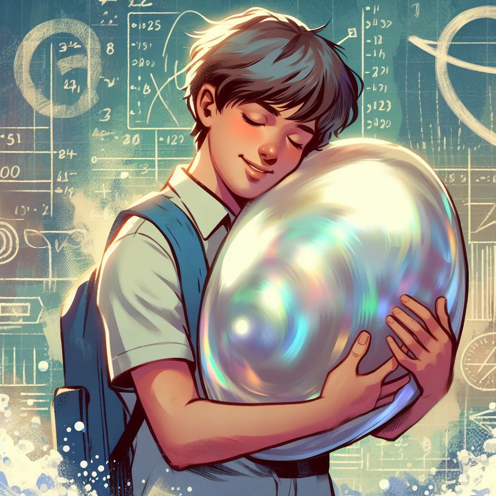 Handsome Korean teenager around 15 years old lovingly hugging a very large pearl at school 1