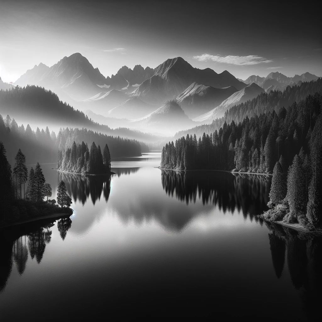 DALL·E 2024-04-09 17.17.19 - A serene black and white landscape photograph, capturing the tranquility of a vast lake surrounded by dense forests. In the distance, mountains rise m