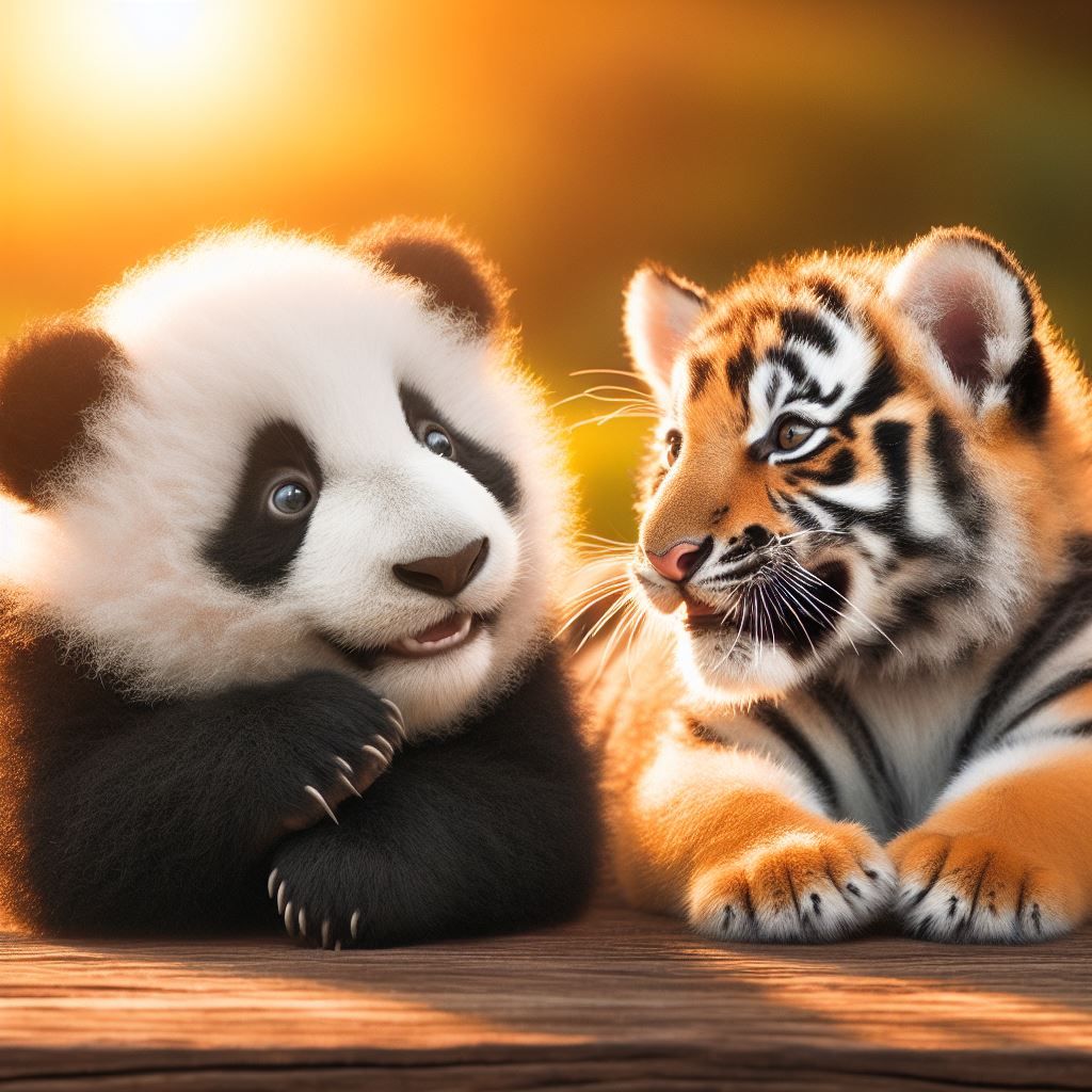 Happy baby panda and baby tiger