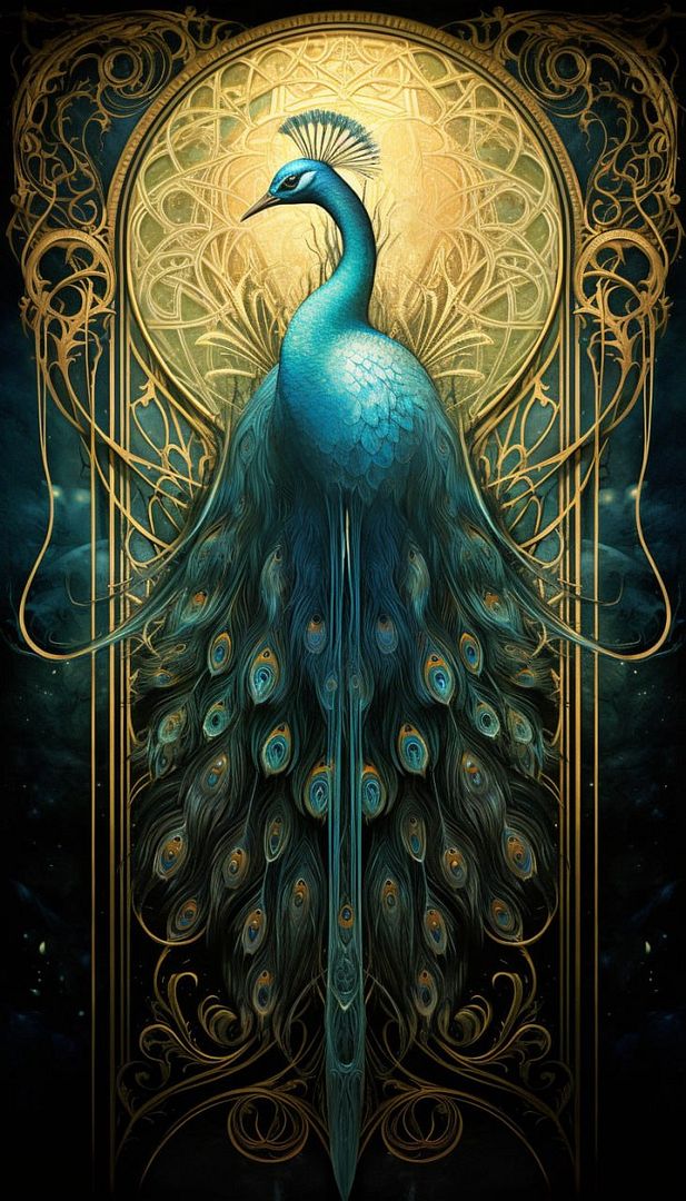 Peacock flying, occult, teal, dark, dust, veil, astral geometry, tarot, art nouveau, gilded, fog, dust, moon.